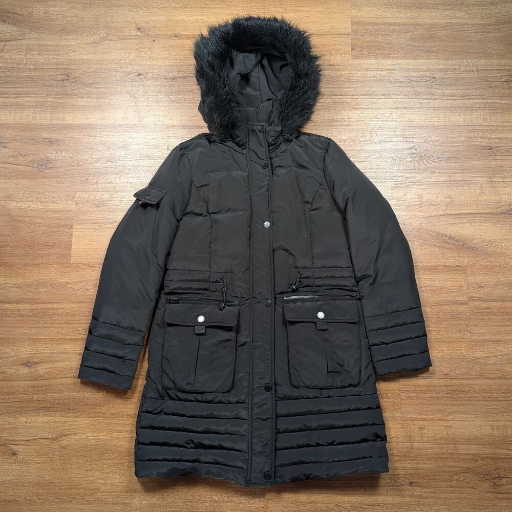 Kenneth Cole Long Down Puffer Coat Jacket Women's Medium Black Faux Fur Hood